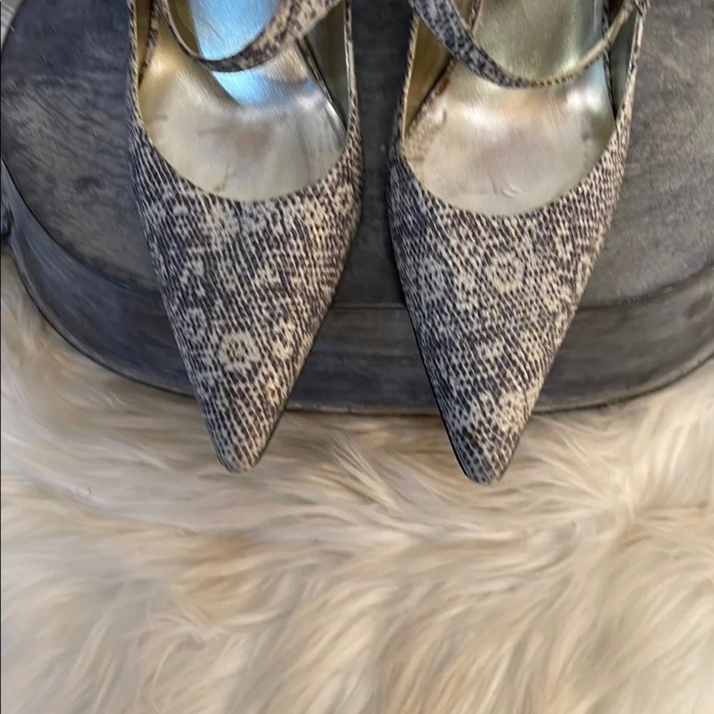 #0177 Nine West Cream &  Gray Snakeskin Heels w/ Open Side & Mary Jane Strap-6 - Picture 6 of 12